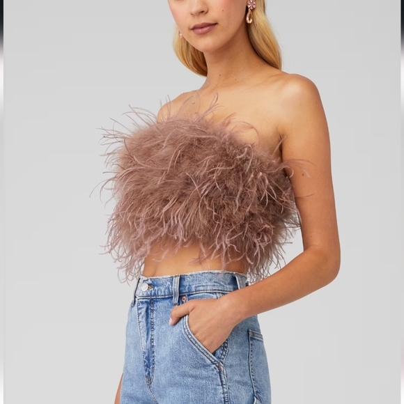 Lamarque Zaina Strapless Ostrich Feather Top - Doeskin color - Picture 3 of 9